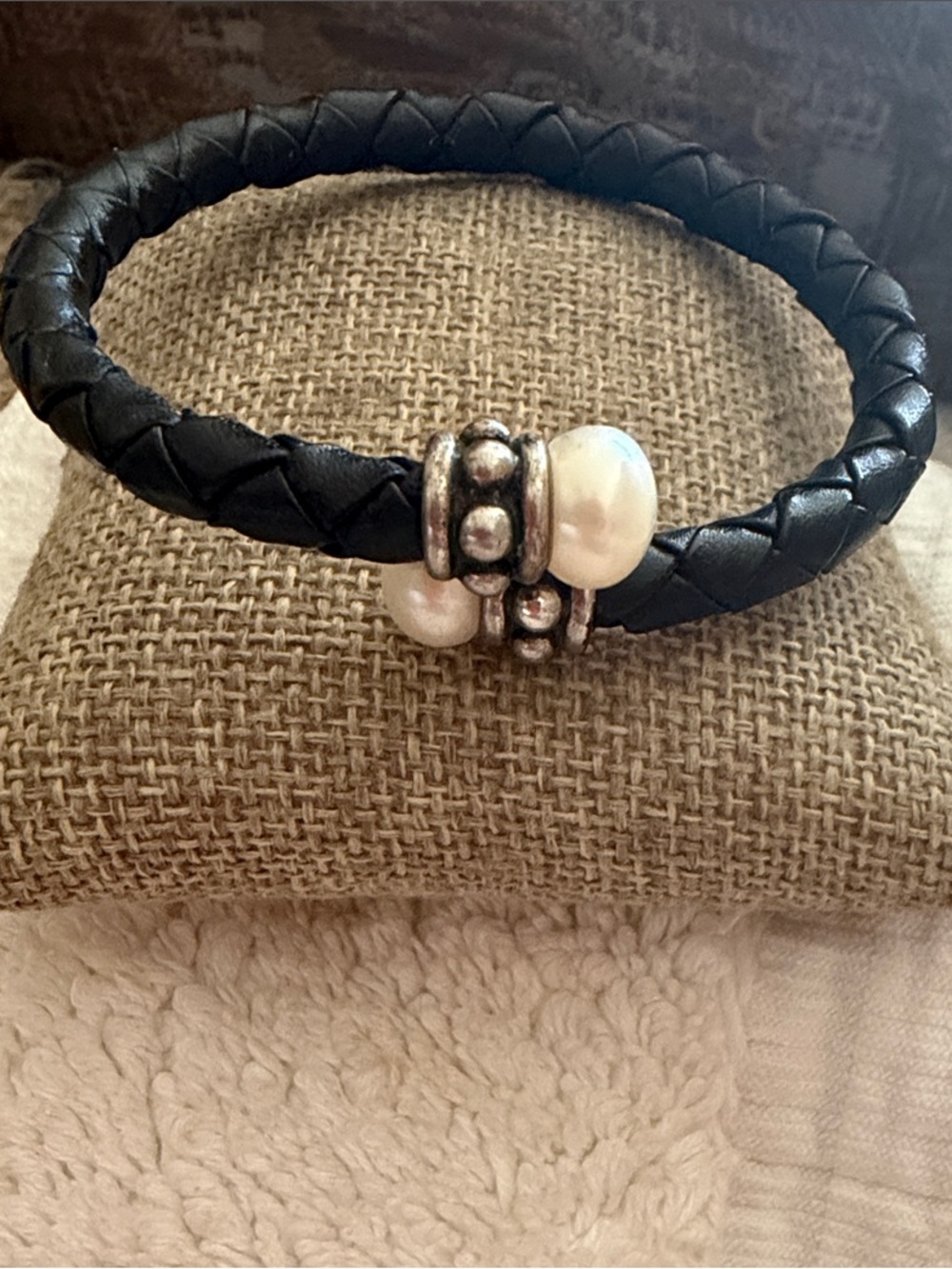 Black Braided Leather bracelet freshwater pearls w/silver accent